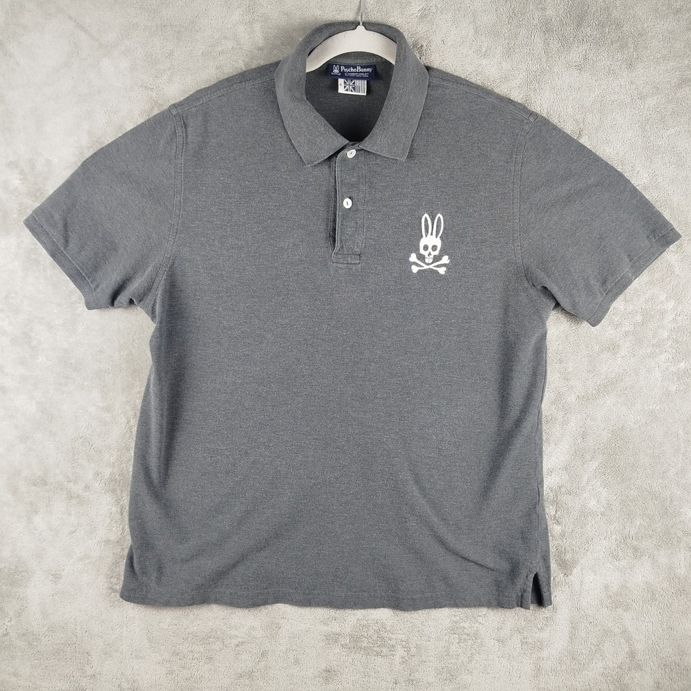 Psycho Bunny Mens 6 (Large) Gray Classic Fit Polo Pima Cotton Bunny Skull Logo